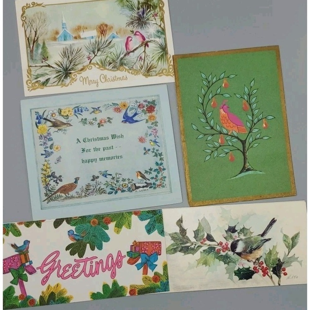 5 Old Vtg Used Christmas Card Fronts Craft Birbs Birds Chickadee Partrige Robin